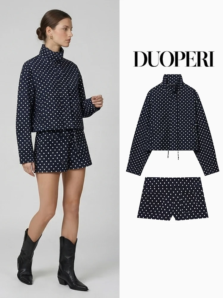 

DUOPERI Women Fashion 2 Piece Set Black Dot Front Zipper Jackets & Vintage Side Zipper Shorts Female Chic Lady Shorts Sets