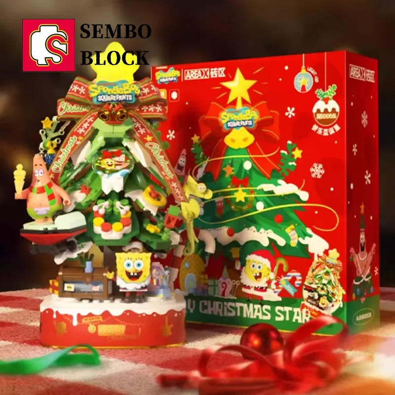 SEMBO Spongebob Bausteine Weihnachtsgeschenk Weihnachtsbaum Spieluhr zusammengebautes Kinderspielzeug Krusty Krab Modell Ornamente