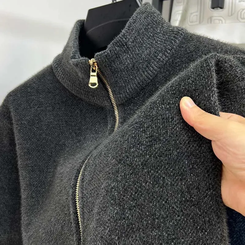 Men Autumn Winter Chenille Zip Up Half Turtleneck Sweater Thick Fleece Lined Solid Knit Cardigan Outerwear