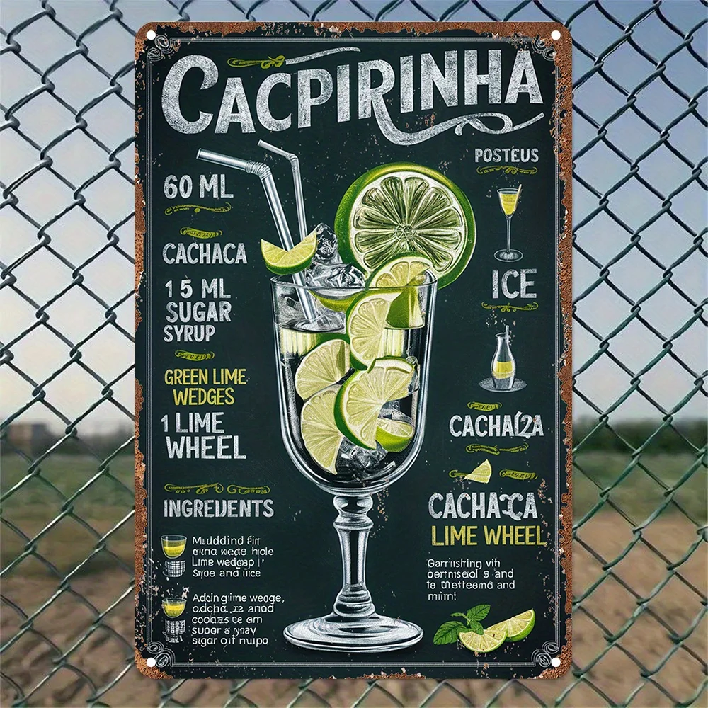 Letrero de metal con receta de Caipirinha vintage, arte de pared de aluminio, ideal para decoración del hogar y la oficina, bar, cocina, entusiastas de la sala de juegos