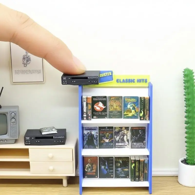 Miniature 1/12 Dollhouse Retro Recorder Video Tape Shelf Model Set Lifelike Ornament for Handmade Room Decoration