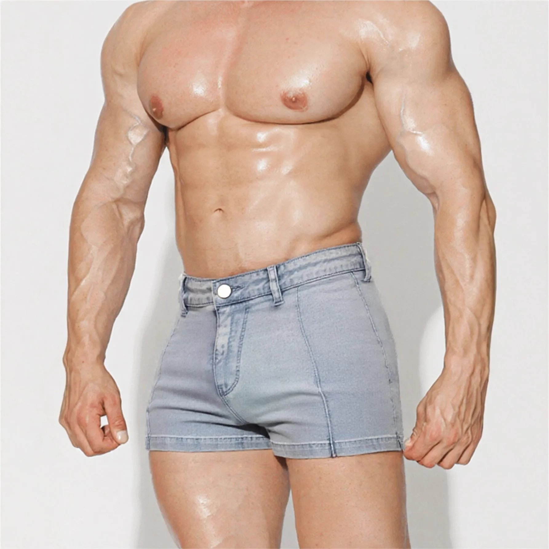 

Men's Blue High Waist Slim Fit Light Wash Denim Shorts Cotton Button Front Five Pocket Cropped Length Summer Short Jeans