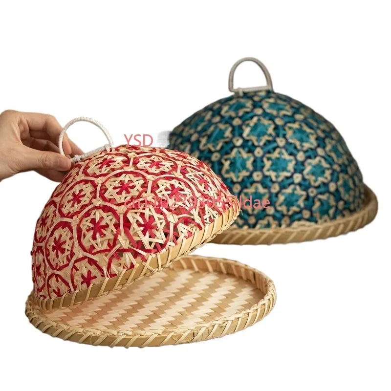 

Handmade Rattan Nanyang-Style Fruit Plate（Lidded, Insect-Proof Bread Basket - Round Dining Table Cover for Fruits & Leftovers）