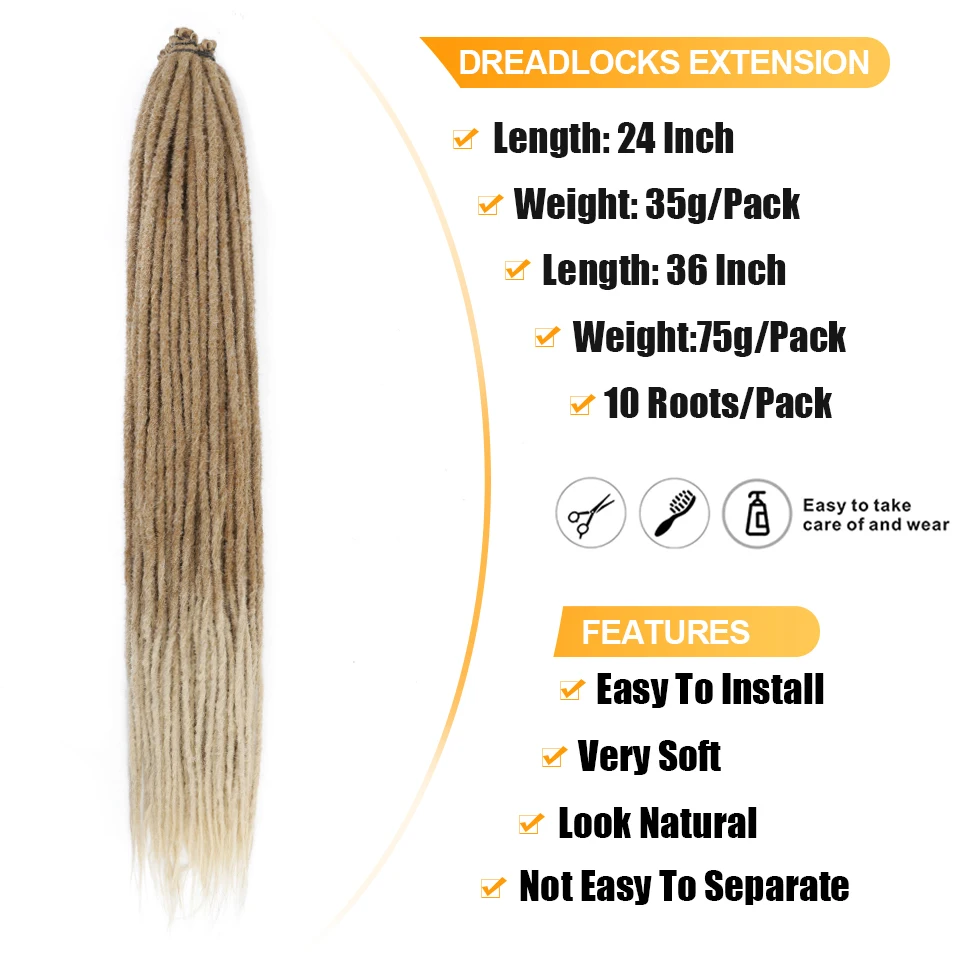 Extensões artesanais de cabelo Dreadlock sintético para mulheres e homens, tranças longas de crochê, retas, naturais, macias, 24-36\