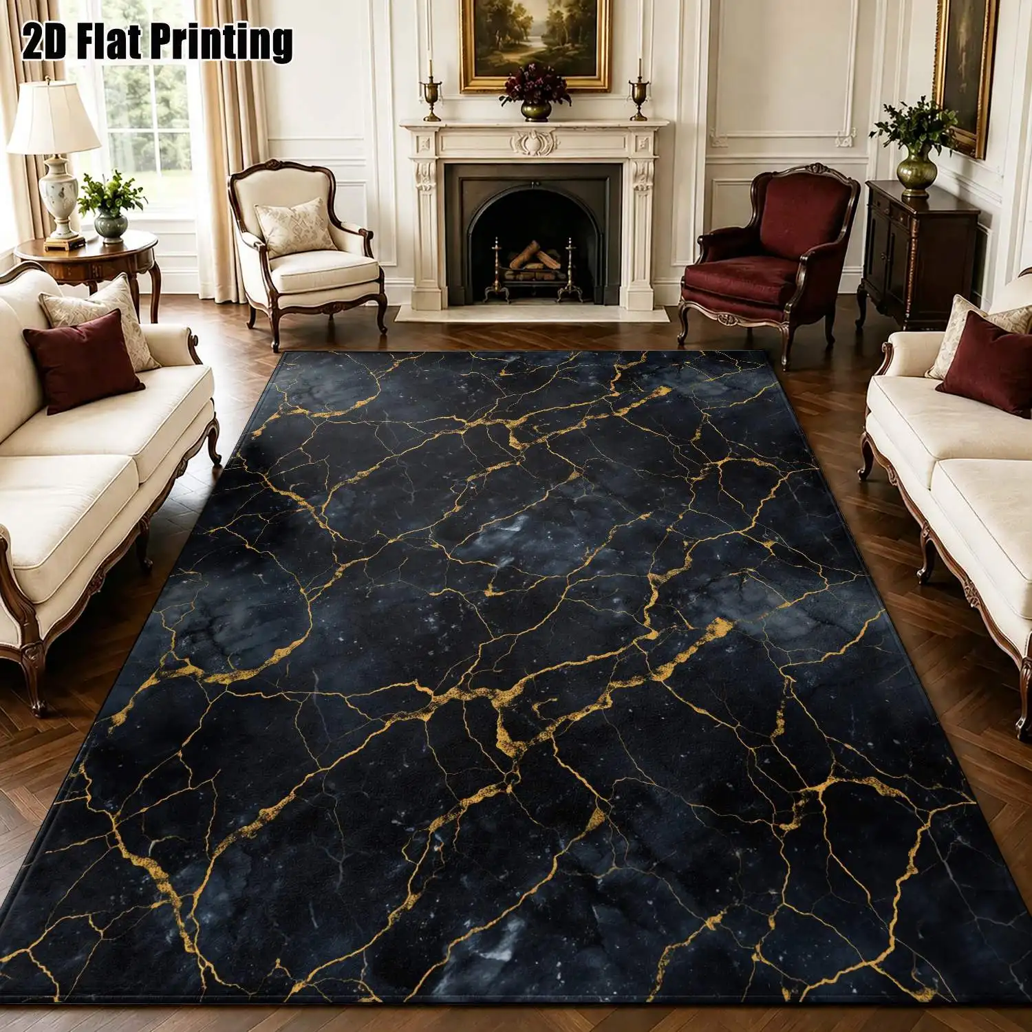 1Pc 2D Printed Carpet: Black & Gold Marble Texture, Nordic/Instagram/Modern Minimalist/Vintage/Geometric Abstract Style, Home Decor, Multi-Size, Machine Washable, for Entrance, Dining Room, Foyer, Bedroom, Living Room