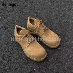 Round Toe Cowhide Suede Derby Shoes for Men Platform Low Top Yellow Booties Large Toe Leather Shoes Thick-Soled Men Shoes