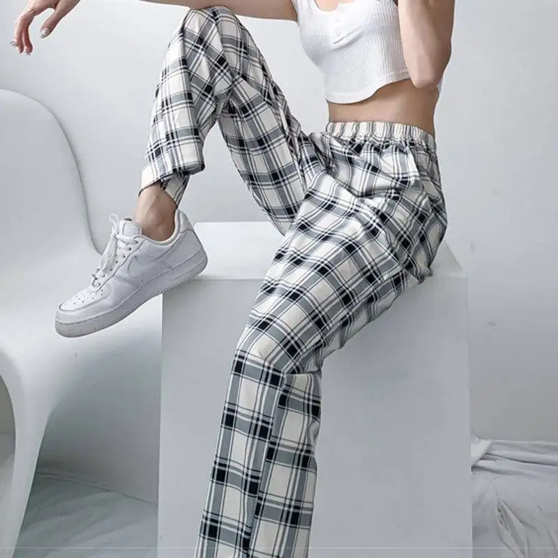 

Straight Pants Women Large Size High Waist Lattice Loose Pants Summer Black&White Plaid Casual Joggers Women Vintage Trousers