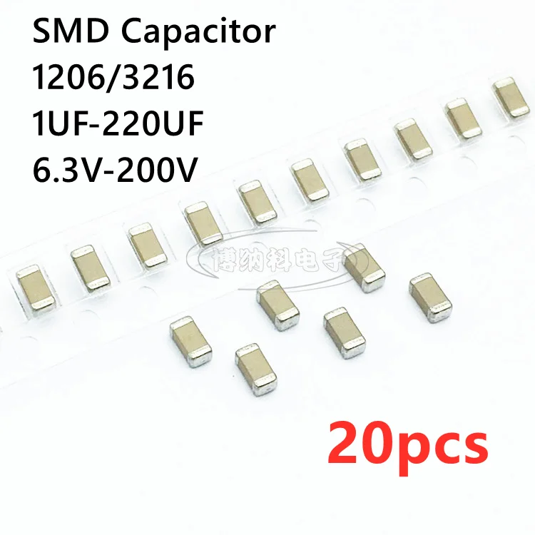 20PCS 1206 3216 SMD Capacitor 1UF 2.2UF 4.7UF 10UF 22UF 47UF 100UF 220UF 10V 16V 25V 35V 50V 63V 100V 200V X7R X5R ±10%=K ±20%=M