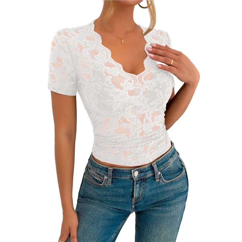 Mesh-Top für Damen, kurzärmelig, Rundhalsausschnitt, tailliertes Oberteil, solide T-Shirts mit floraler Spitze, durchsichtige Blusen mit V-Ausschnitt