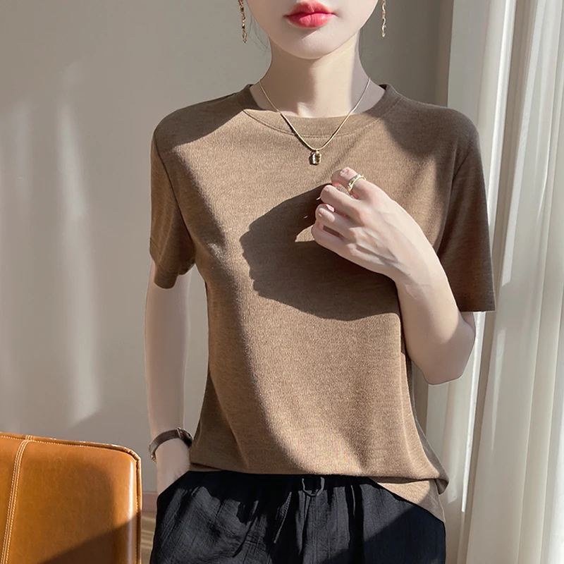 Color Matching Round Neck Thin Knitted Short-Sleeved T-Shirt Worsted Bottoming Shirt 2025 Spring Summer New Top Sweater