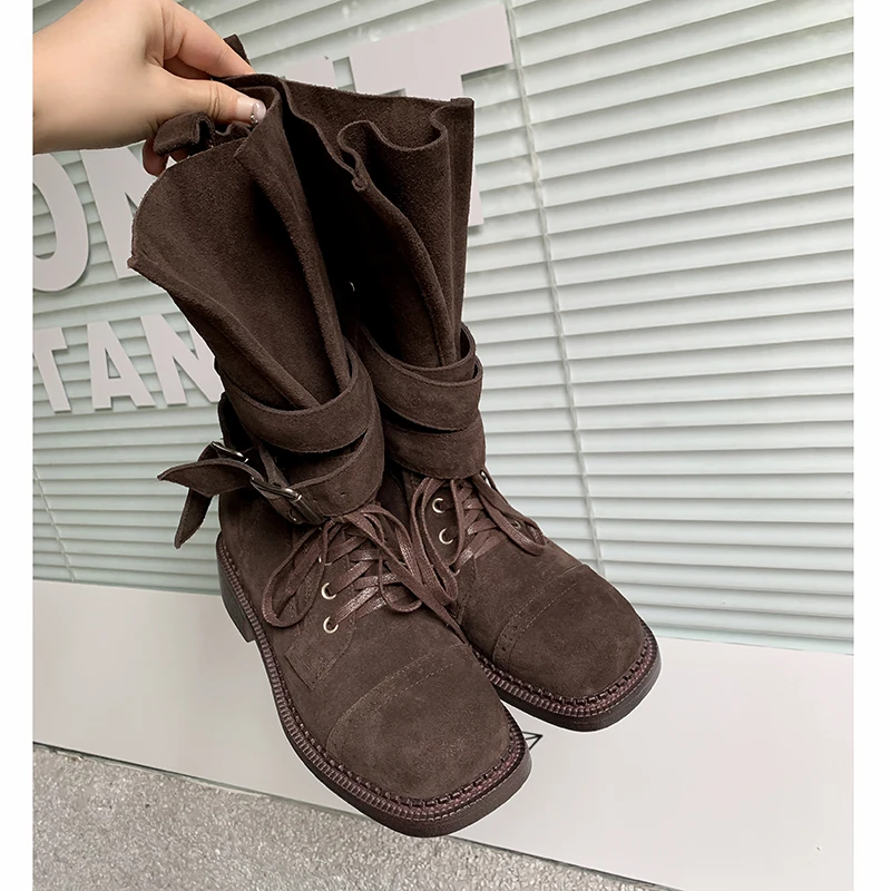 2026 new autumn winter women ankle boots 22-25cm cow suede/split leather round toe belt buckle Motorcycle boots sexy fashion