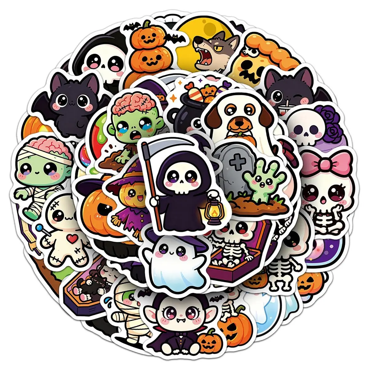 50Pcs Kawaii Ghost & Skull Stickers Set Cute Halloween Party Favors Waterproof Sticker Pack for Kids & Teens Gift