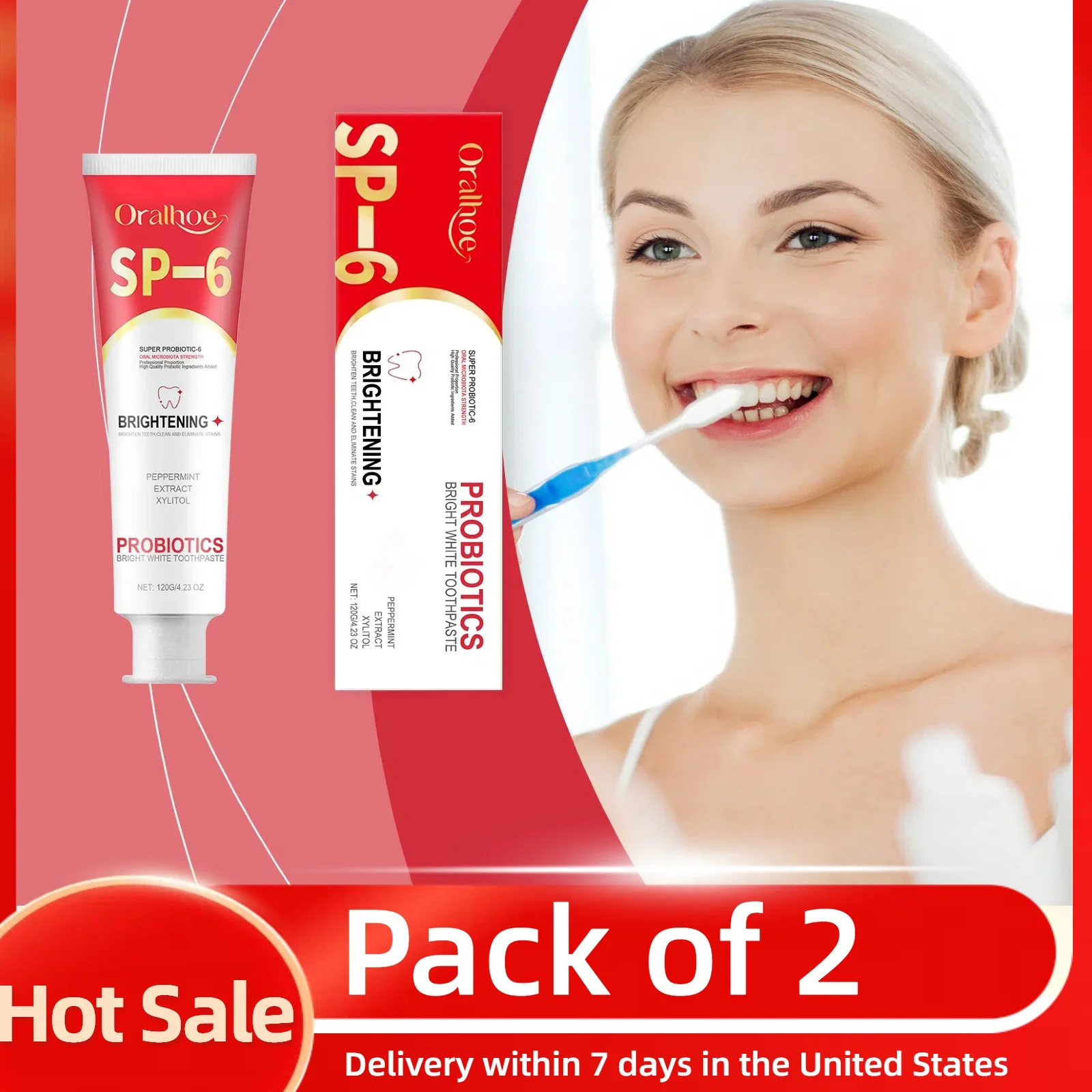 2pcs Probiotic Toothpaste SP-6 Whitens Teeth Effectively Removes Yellow Stains and Bad Breath Cleanses and Freshens Breath