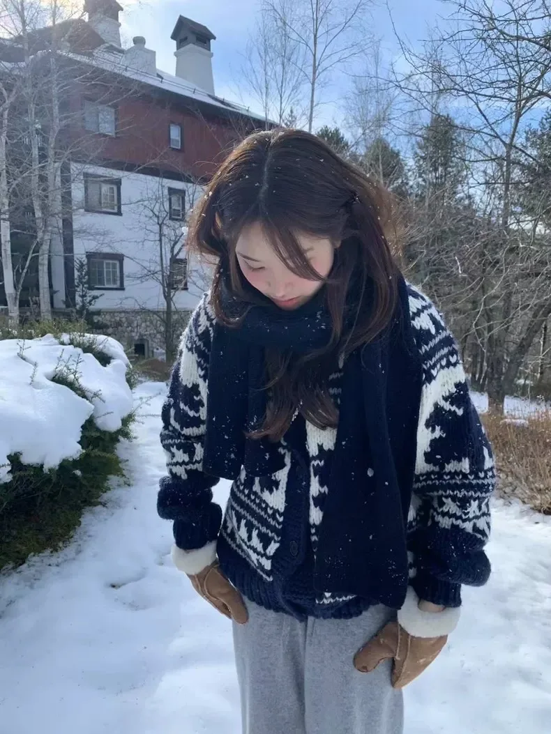 

Retro Collar Knitted Sweater OUNCE Fair Island Early Spring Women's Open Cardigan Coat Woolen Long Sve round Ne Sweater