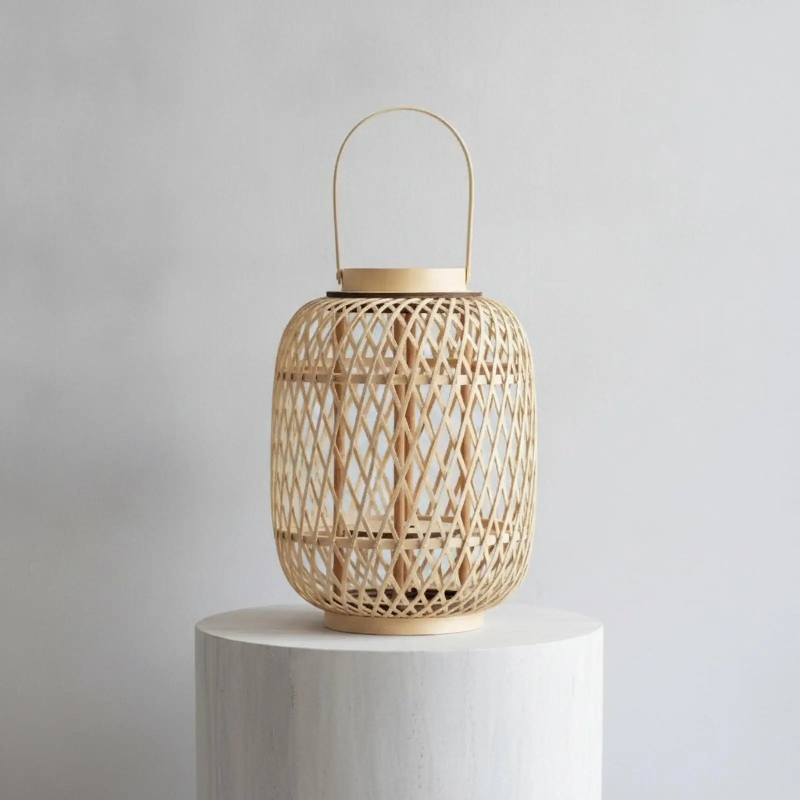Handmade Bamboo Candle Holder Lantern Style Open Lattice Design with Carry Handle for Floor Display Dining Area Use