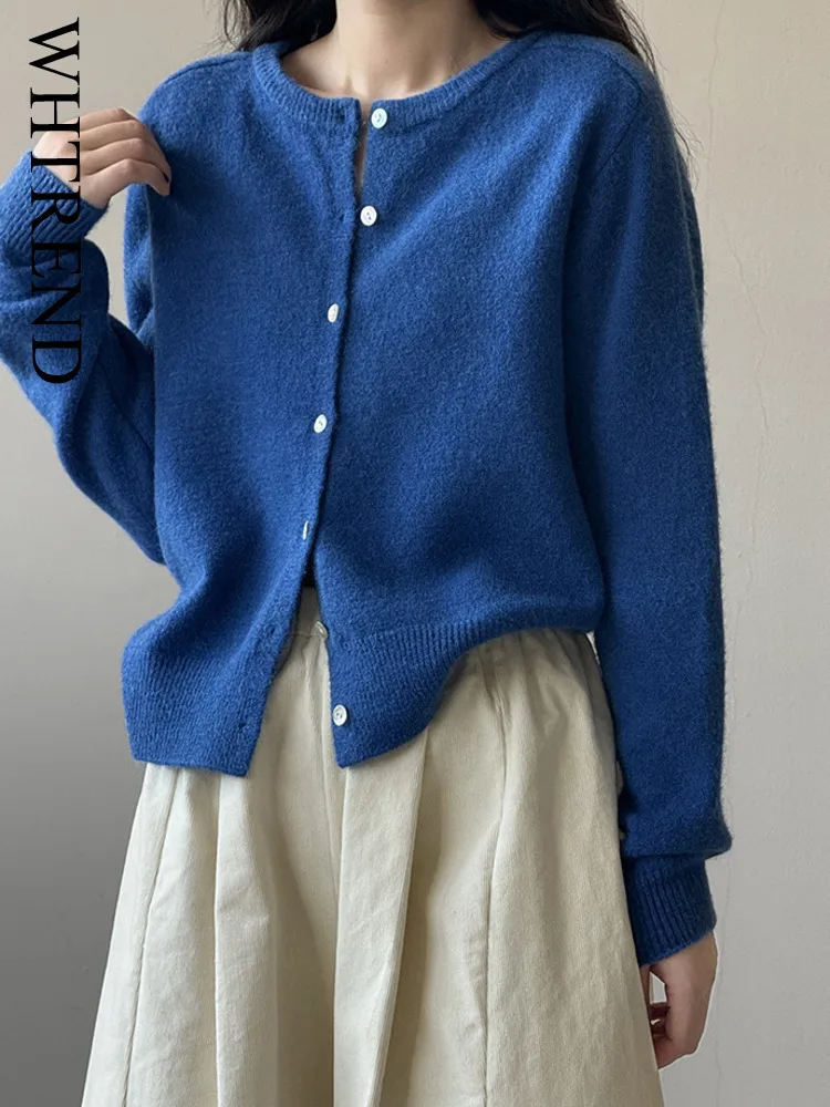 

WHTREND Korean Style Multi-color Round Neck Sweater Cardigan For Women Autumn Versatile Layered Knitted Coat WH1745