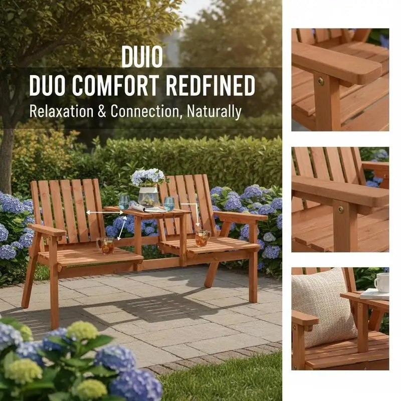 Garden Bench for 2 Persons with Middle Table and Umbrella Hole, 2-Seater Outdoor Wooden Bench with Slat Design, Orange