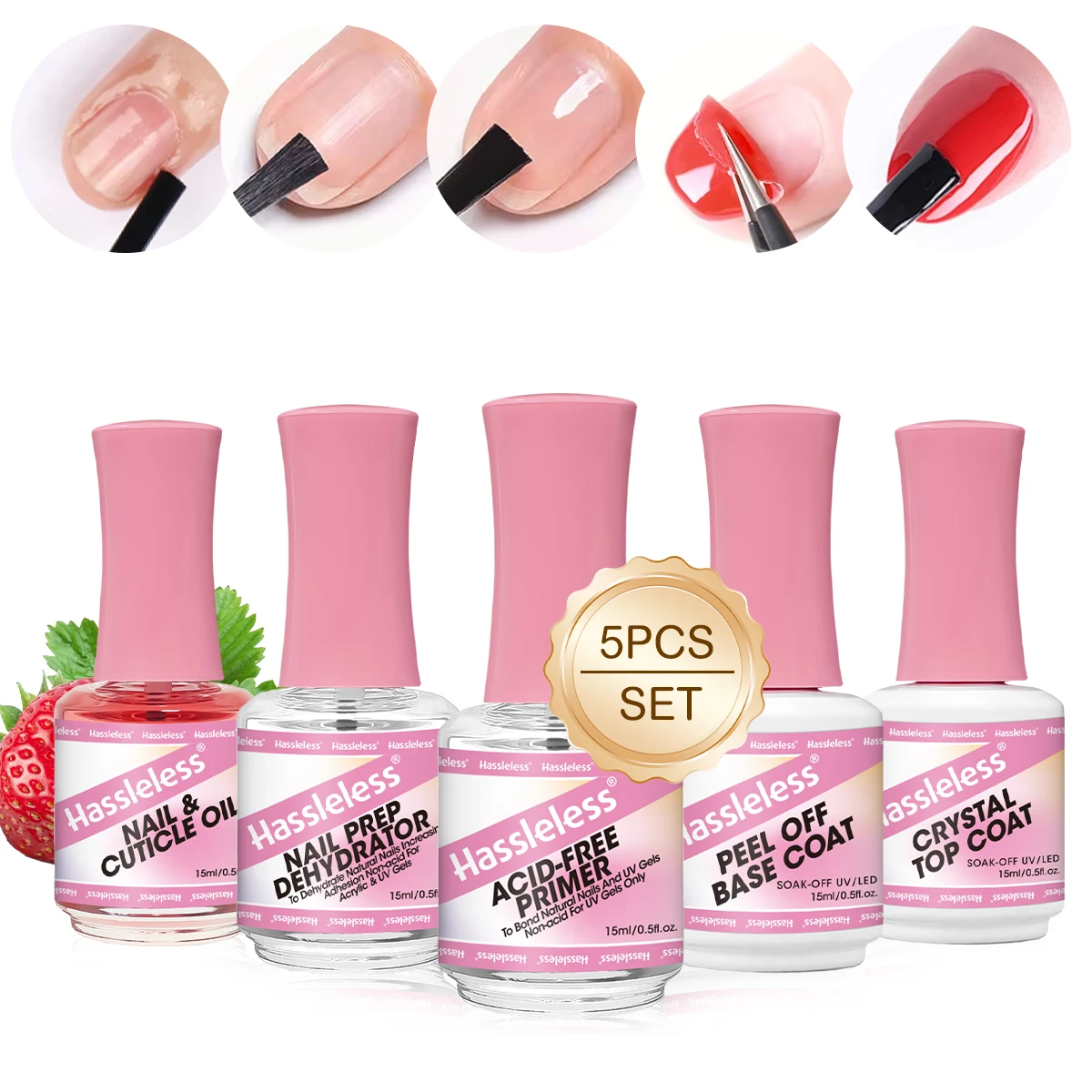 

Набор из 5 профессиональных гелей для ногтей: Легкоснимаемый питательный гель (с экстрактом клубники) + Балансирующая жидкость + Связующее средство + Основа-гель для легкого снятия + Гель для кристаллического покрытия и герметизации, 15 мл каждый, Натурал