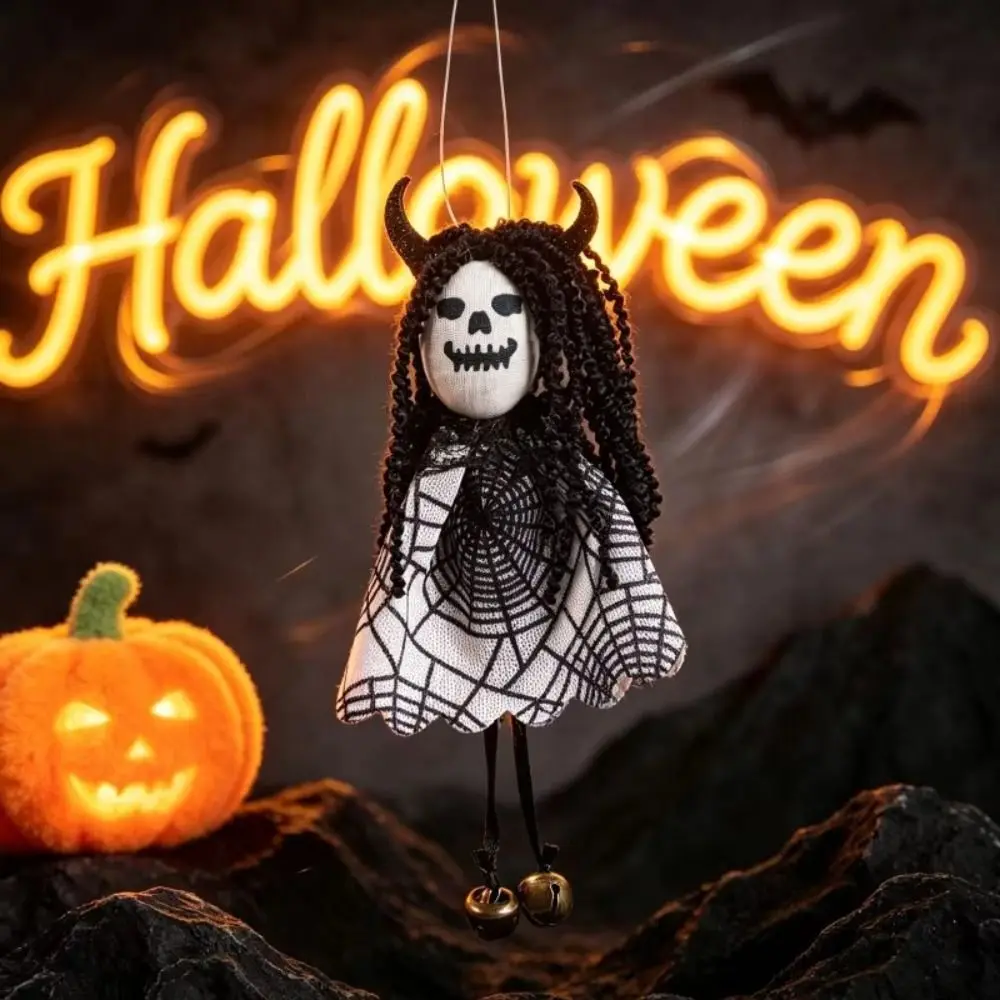Creative Design Grimace Decoration Pendant Web Pattern Plush Material Halloween Ghost Doll Ornaments with Bells Ghost Decoration