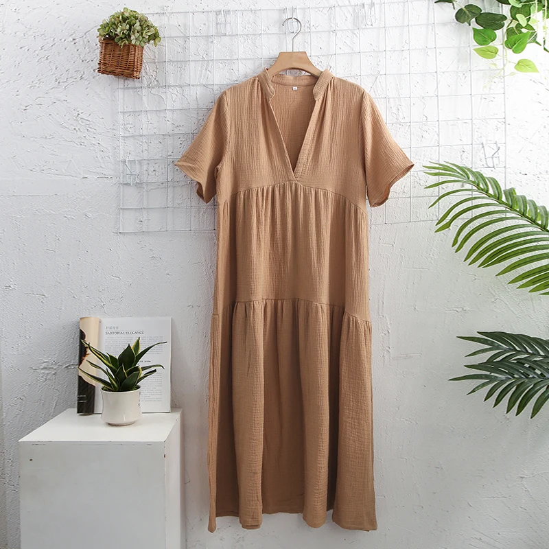Original Musselin 100% Baumwollgaze Elegante Hübsche Damenkleider Sexy V-Ausschnitt Langes Partykleid Damenkleider im Angebot Sommer-Sonnenkleid