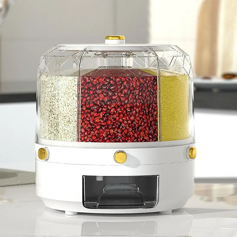 Rotating Rice Dispenser Countertop Large Capacity Bean Container 360 Rotating Candy Dispenser 6 Grids Grain Storage Box For