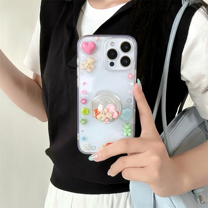 

Clear Cute Love Bear Epoxy Phone Case For iPhone 16 Pro 15 14 13 Pro Max Cover Shockproof Cartoon Cases with Stand Holder Funda