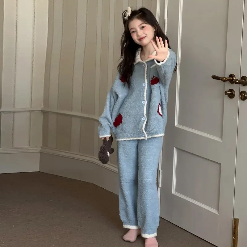 Girls' Thickened Warm Pajamas Set 2025 Autumn and Winter New Middle-aged and Older Children's Lapel Loungewear Winter Clothing