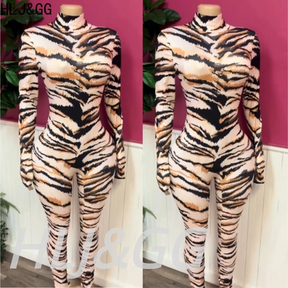 HLJ&GG Modische Tiger-Print Bodycon Einteiler-Sets für Damen, Hochkragen, Langarm, Schlanke Playsuits, Sommer-Streetwear 2026