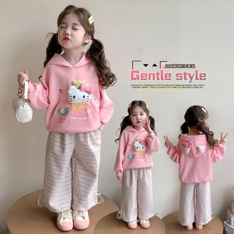 

Anime Hello Kitty Girls' Long Sleeved Long Pants Set Kid's Hooded Sweatshirt Sports Pants Two-Piece Set Spring Autumn Clothing