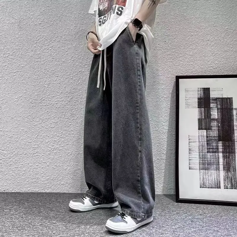 

Весенне-осенние мужские мешковатые джинсы большого размера, прямые свободные повседневные джинсовые брюки, однотонная уличная одежда, модные широкие брюки Y2k