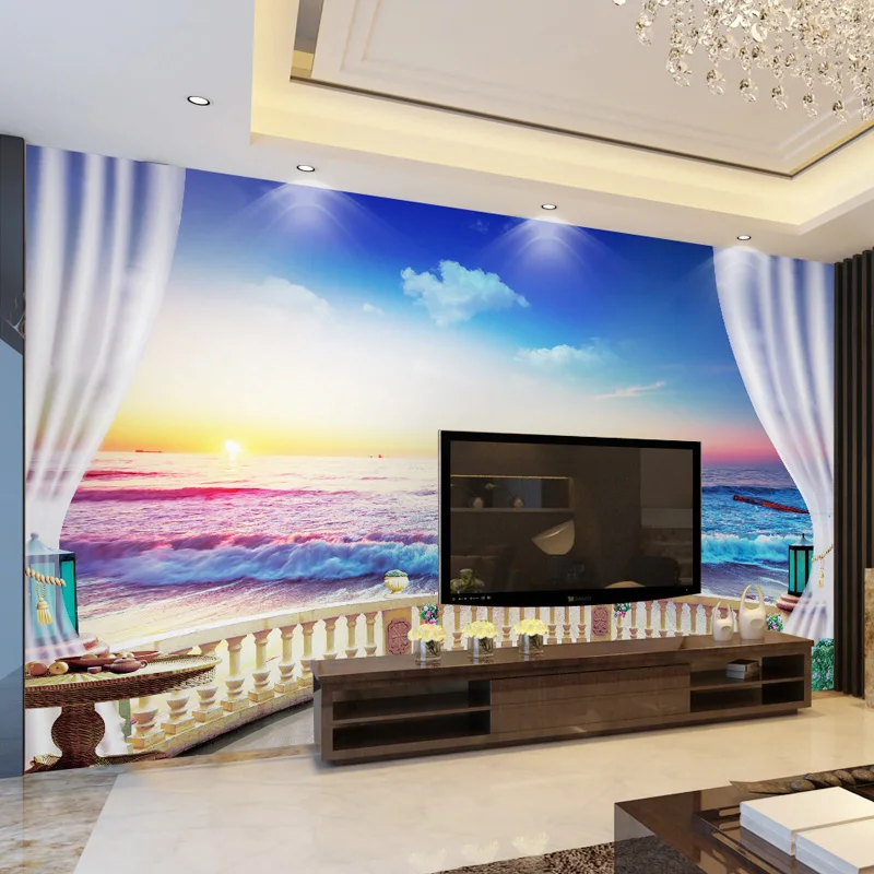 Custom Wallpaper For Walls 3D Balcony Window Beach Seascape Photography Background Photo Mural Wallpaper Living Room Bedroom