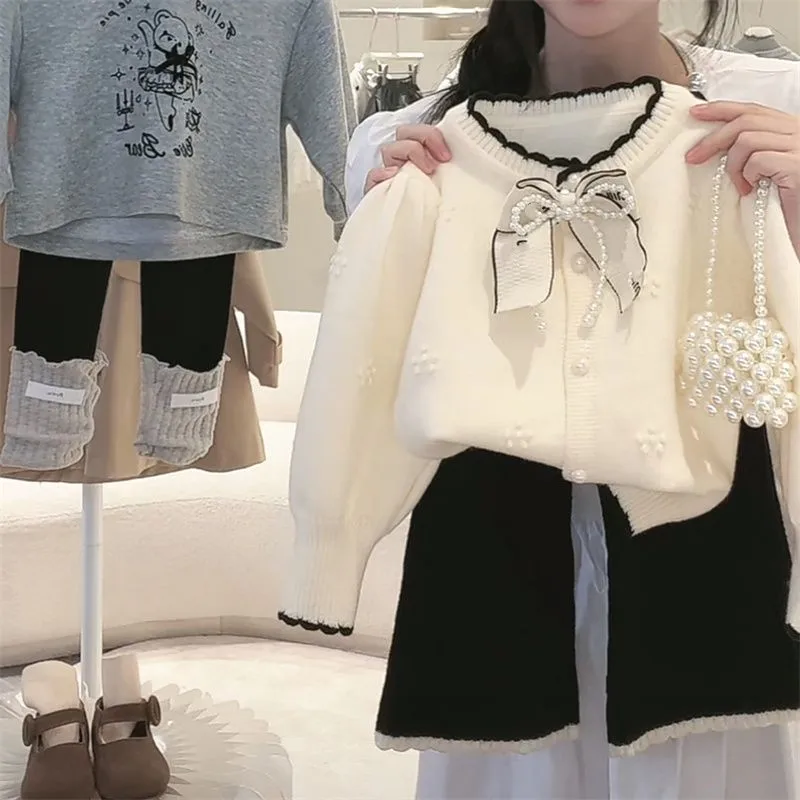 Baby and Girls' Sweater Set Spring and Autumn Korean Children's Sweet Sweater Coat Loose Bellbottom Pants Two Piece Set