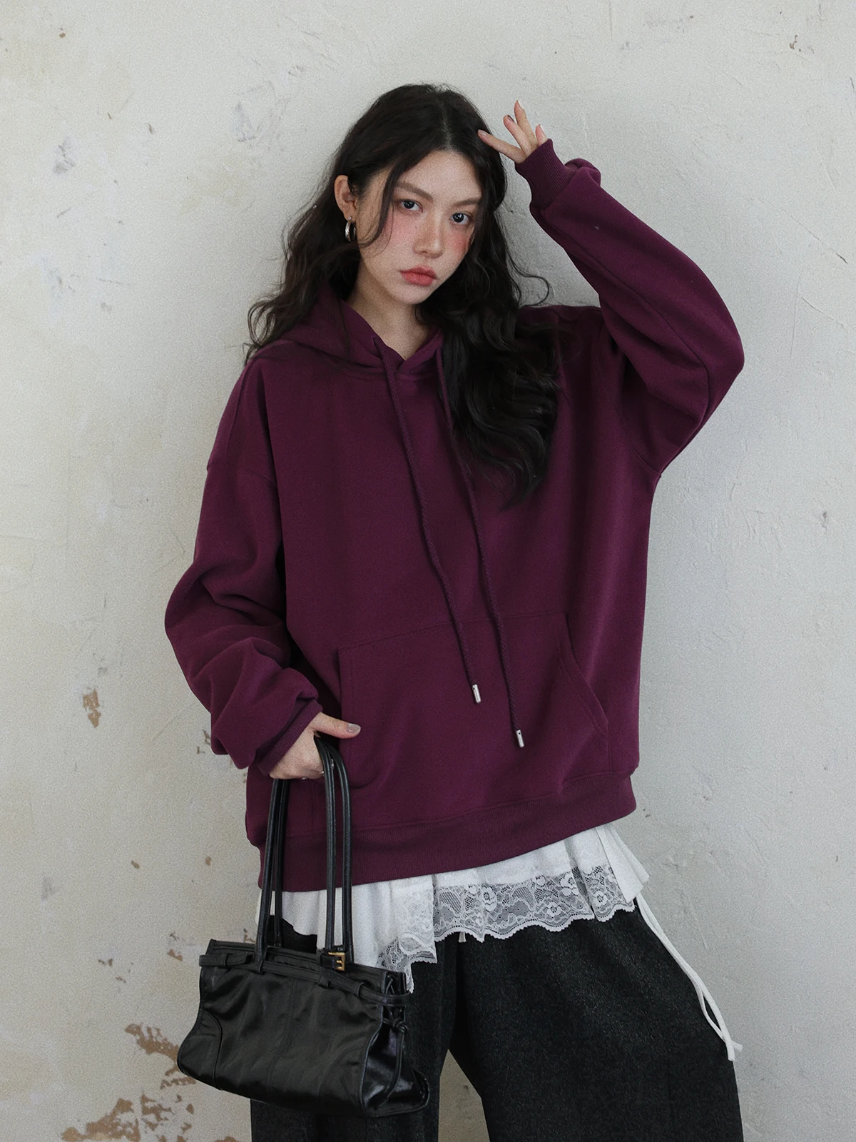 

DR Special k Purple Fce Baby Velvet Loose Hoodie Women Winter Versatile Overhead Sweatirt Comfortable Long Sve Cre...