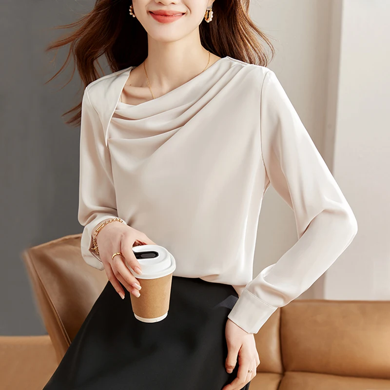 

2024 Spring Satin Shirt For Women Korean Style Ruched Irregular Skew Collar Top Long Sleeve Satin Blouse Elegant Blusas Mujer