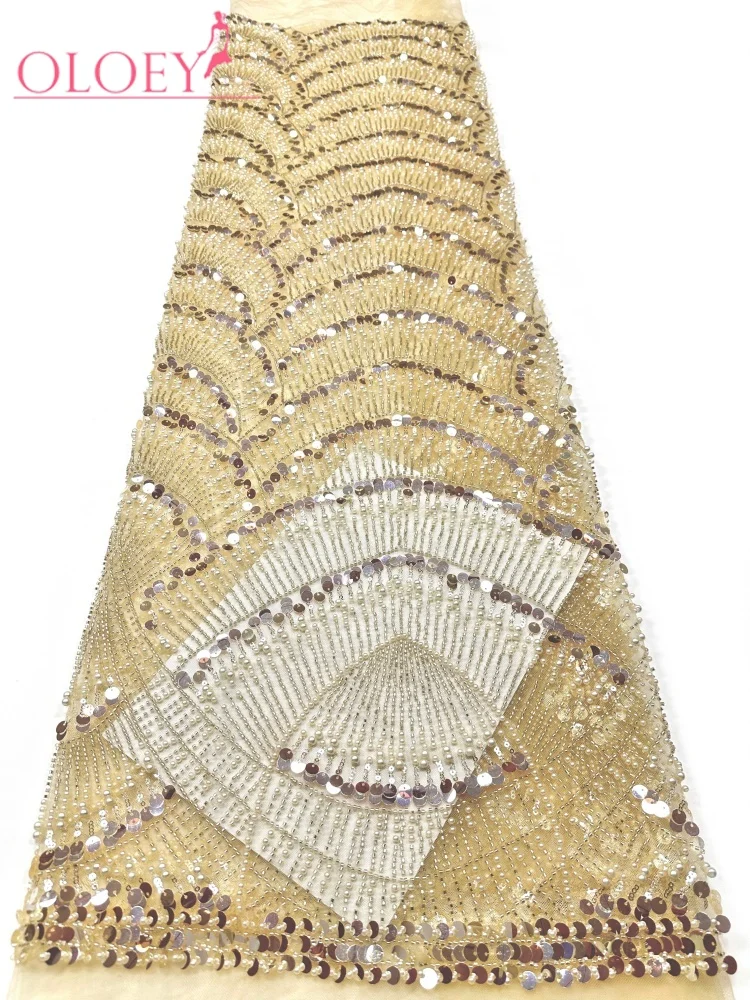 

OLOEYFashion African Beaded Sequins Lace Fabric 2026 High Quality Nigerian Mesh Tulle Lace Fabric For Women Evening Dress Sewing