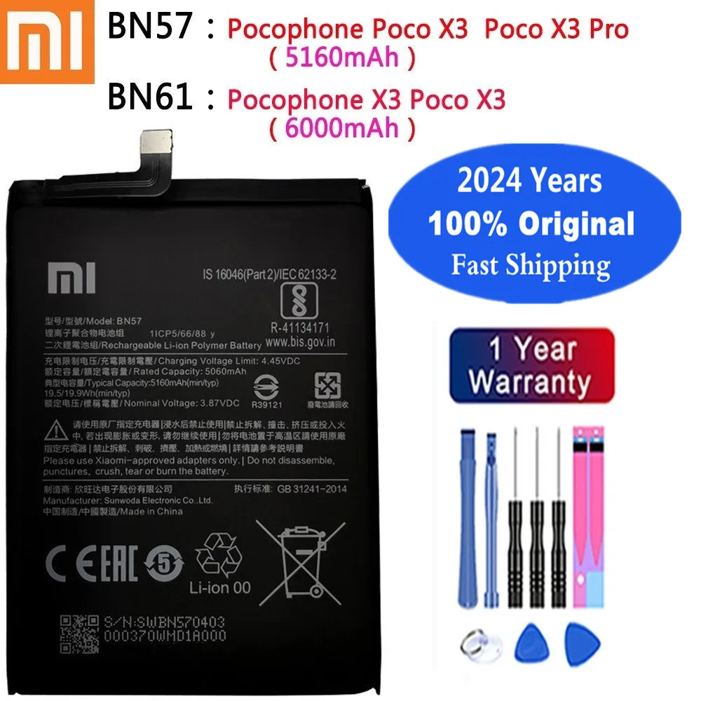 

2024 Years BN61 BN57 Xiao mi Original Battery For Xiaomi Pocophone POCO X3 Pro / X3 NFC Mobile Phone Battery Fast Ship + Tools