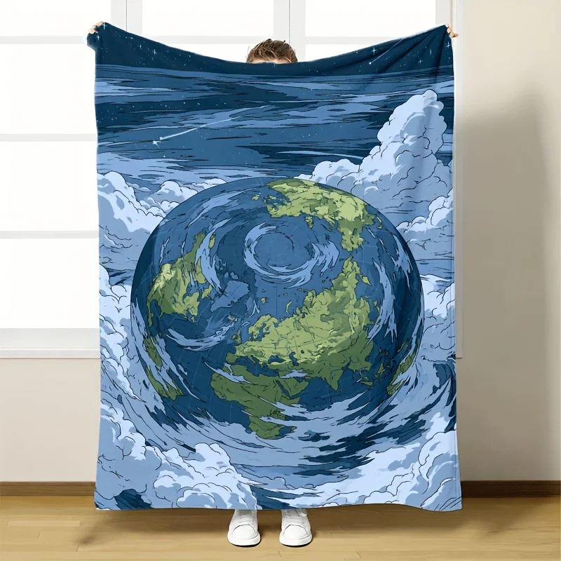 Cosmic Blue Earth Globe Print Throw Blanket Oceanic Wave Planet Art Decorative Cozy Comfort Gift for Bed Couch