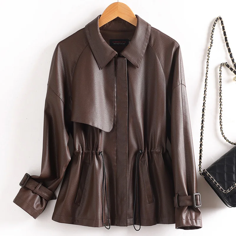 

New Women Drawstring Waist Split Leather Coat Spring Autumn Fashion Turn-down Collar Slim Waist Leather Jacket Casual Outerwear