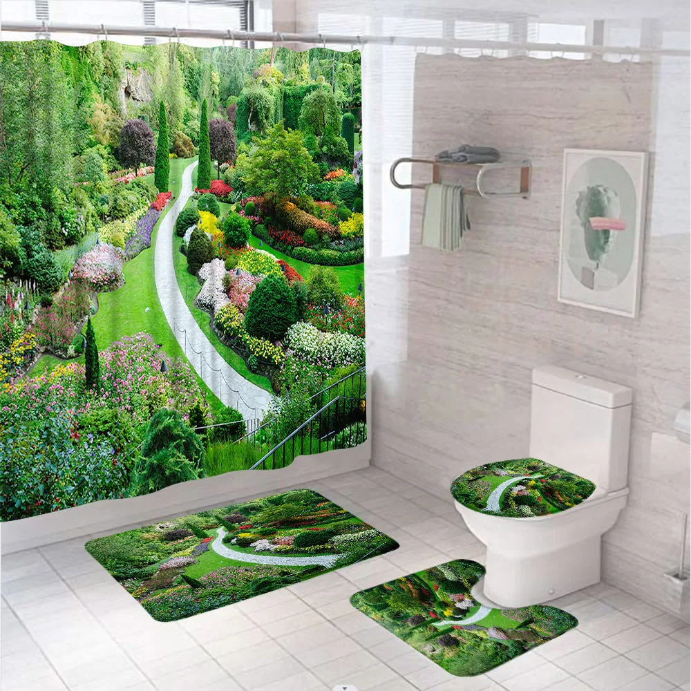 

Green Garden Scenery Shower Curtain Sets Grass Stones Tree Landscape Floral Bathroom Rug Non-Slip Toilet Lid Cover Bath Mat Home