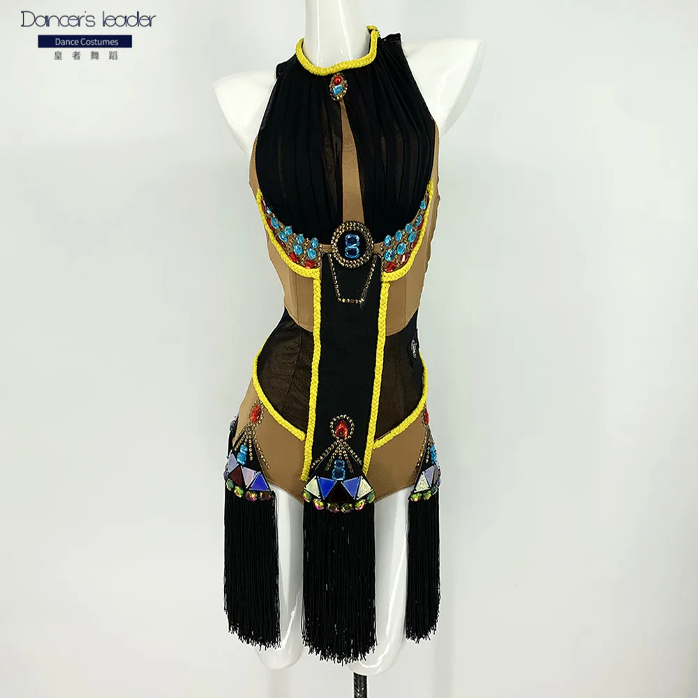 

High End Custom Latin Dance Creative Pendant Beaded Backless Fringed Dance Skirt Tango Female Adult Stage Professional Dress