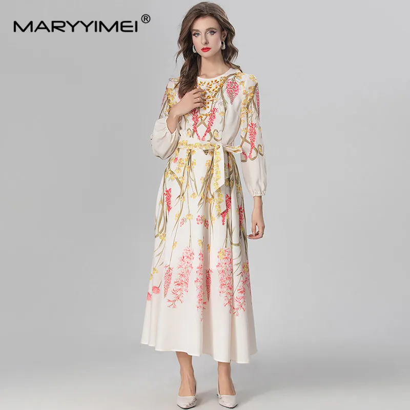 MARYYIMEI Autumn and Winter Women's Casual Party Dress Long-Sleeved Crystal Beading Design Lace-Up Elegant Print Mixi Dresses