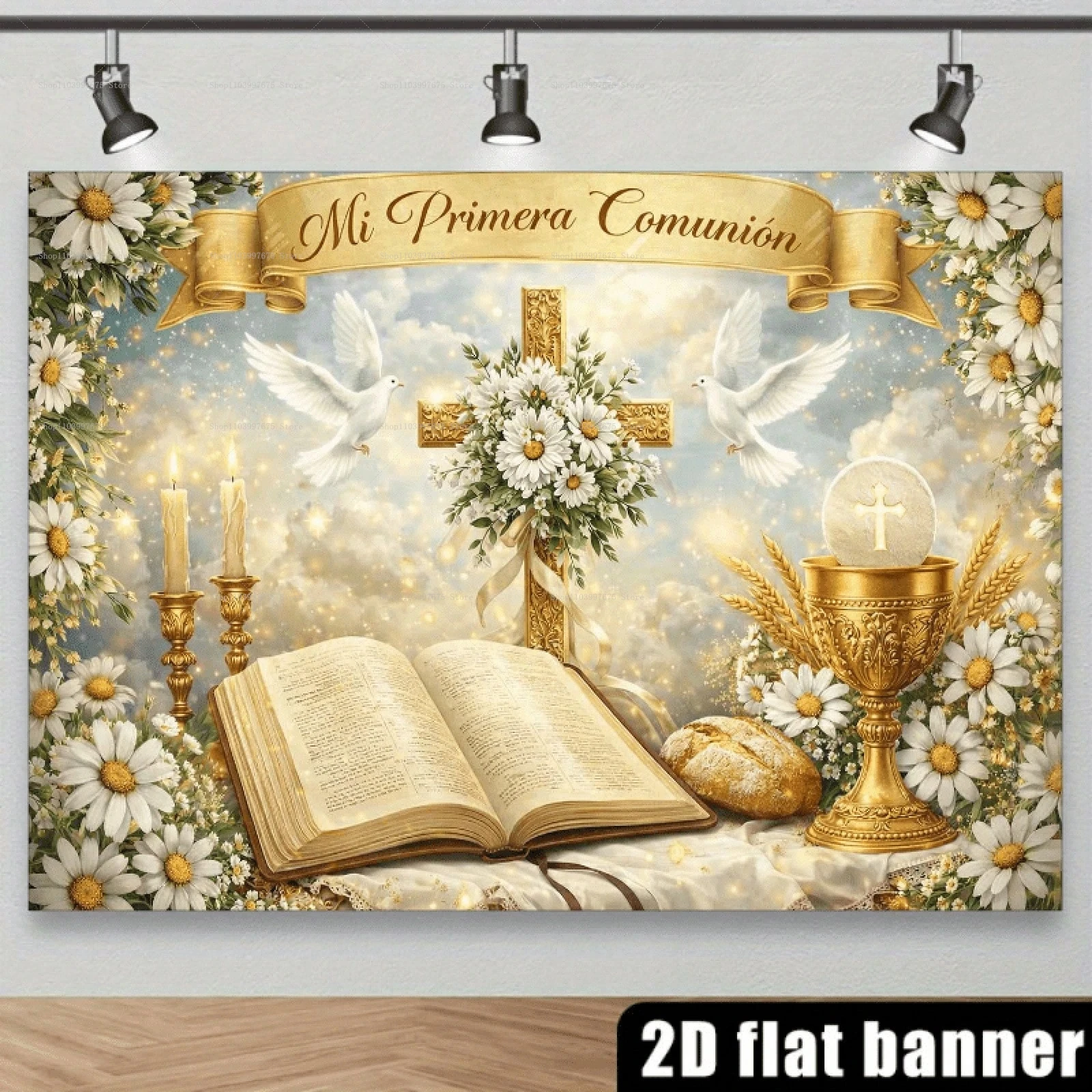 2D-Hintergründe mit goldenem Kelch und Eucharistie, Erstkommunion-Party-Dekorationen, Fotografie-Hintergrund, Banner, Studio-Stand-Requisiten