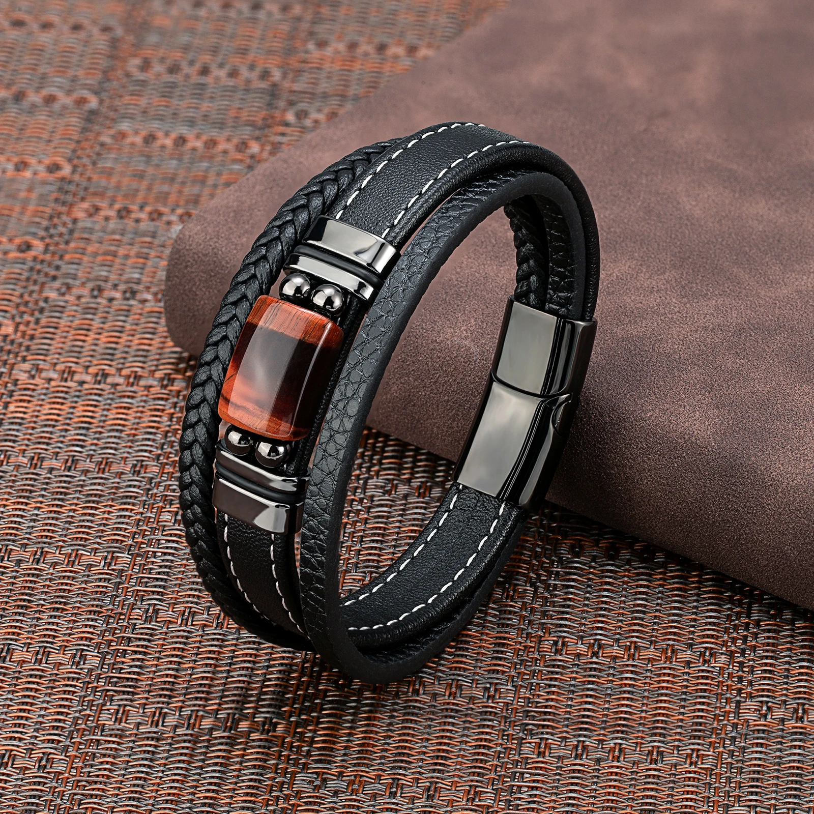 New Vintage Wind Large Semicircle Natural Tiger Eye Stainless Steel Casual Collocation 3-Layer Black Leather Rope Mens Bracelet