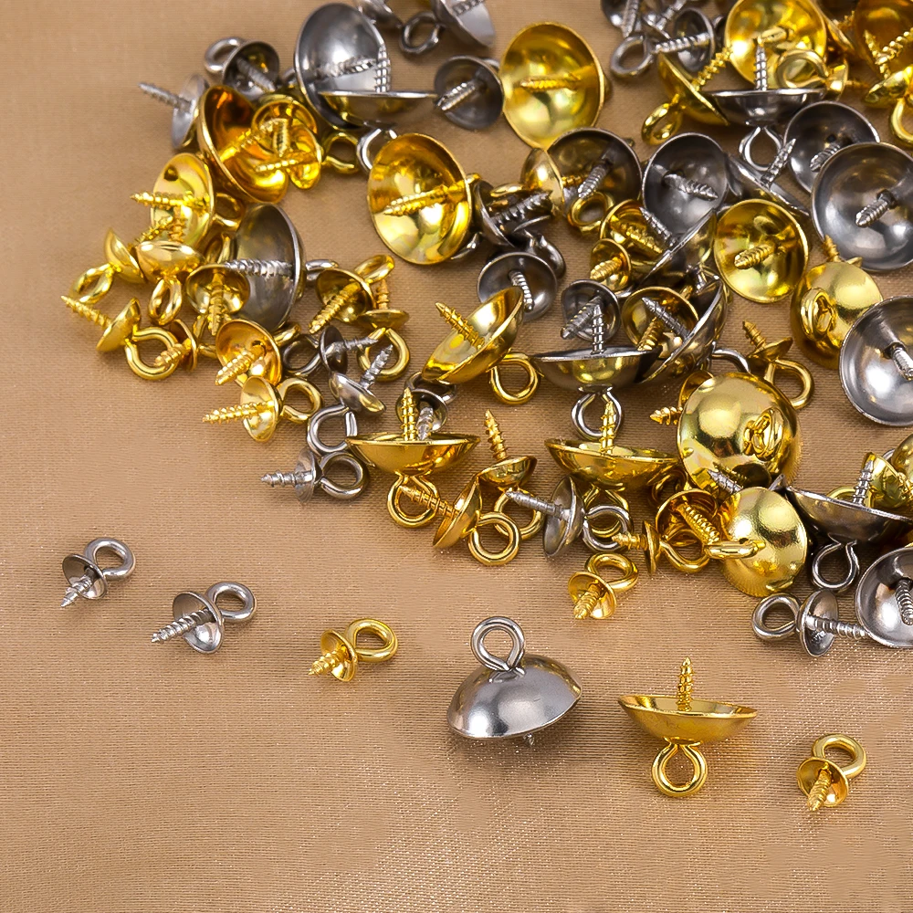 50PCS 18K Gold Silver Stainless Steel Cup Pearl Bead Cap Eyelet Bail Screw Pin Pendant Connector Jewelry Making DIY