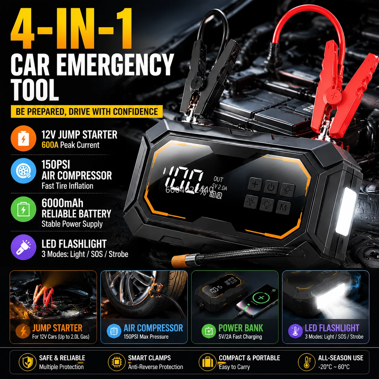 Portable 4 In 1  Car Jump Starter with Air Compressor 150PSI Tire Inflator 12V Battery Starter Power Bank LED Flashlight 6000mAh