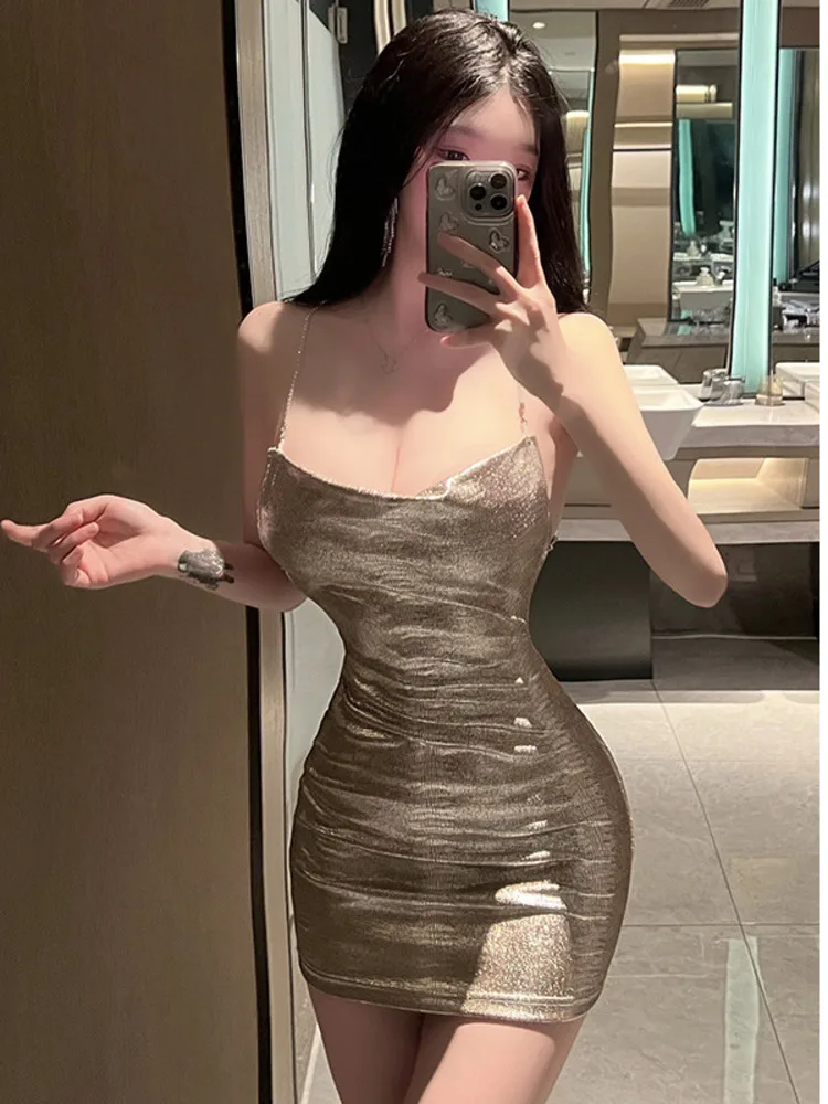 2023 Summer New Women's Sexy Spicy Girl temperament Mature Backless Cross Chain Tight Low Neck Fashion Wrap buttocks Dress 52KZ