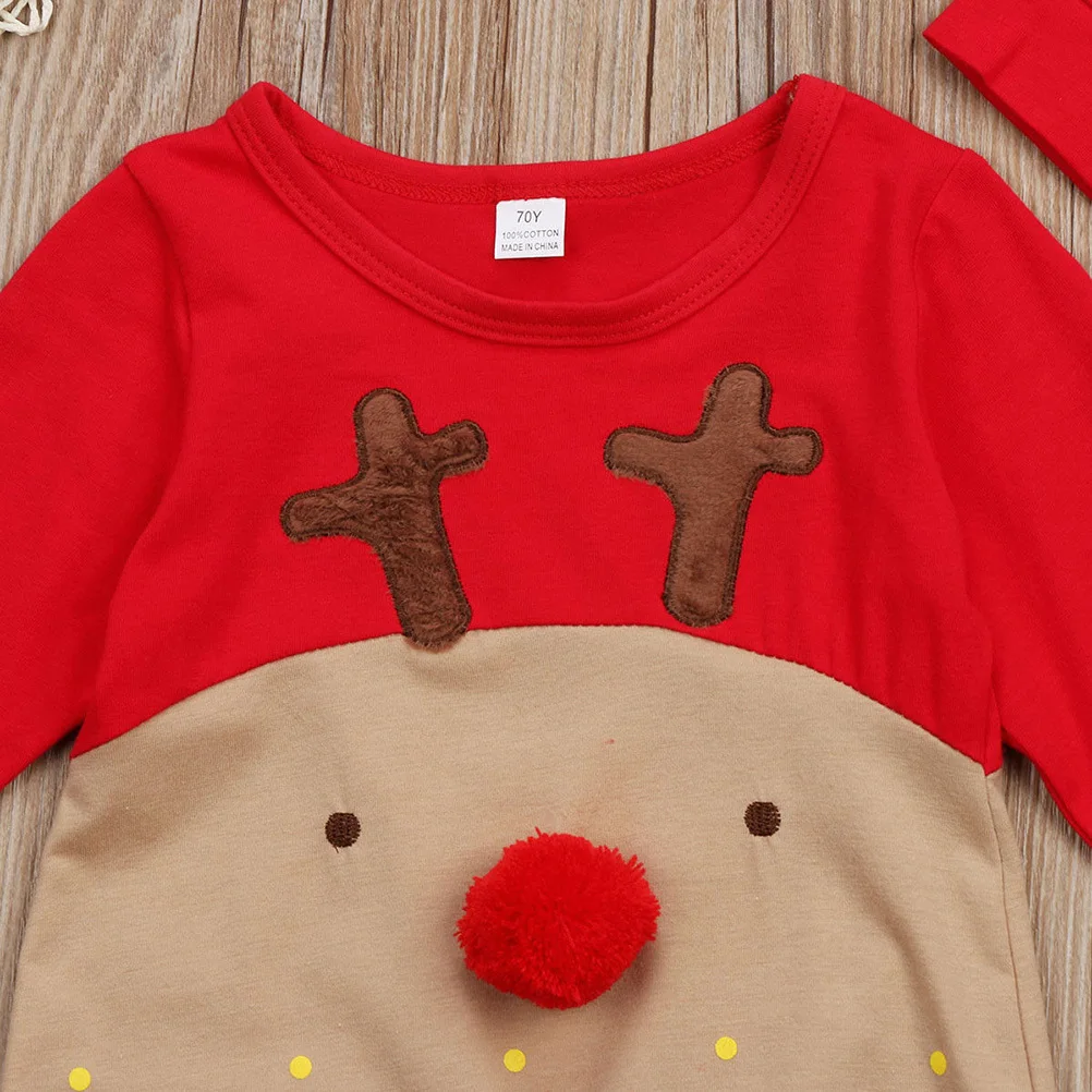 

Newborn Baby Boys Girls Christmas Red Nose Cartoon Reindeer Long Sleeve Bodysuit Set Stripe Hat Pajama Jumpsuit Suitable 6-12