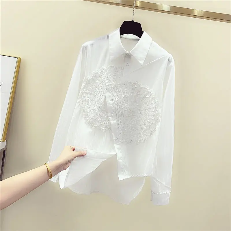 2023 Spring And Autumn White Shirt Women\'s Long Sleeve Design Sense Beaded Lace Panel Irregular Shirt Top Fashion