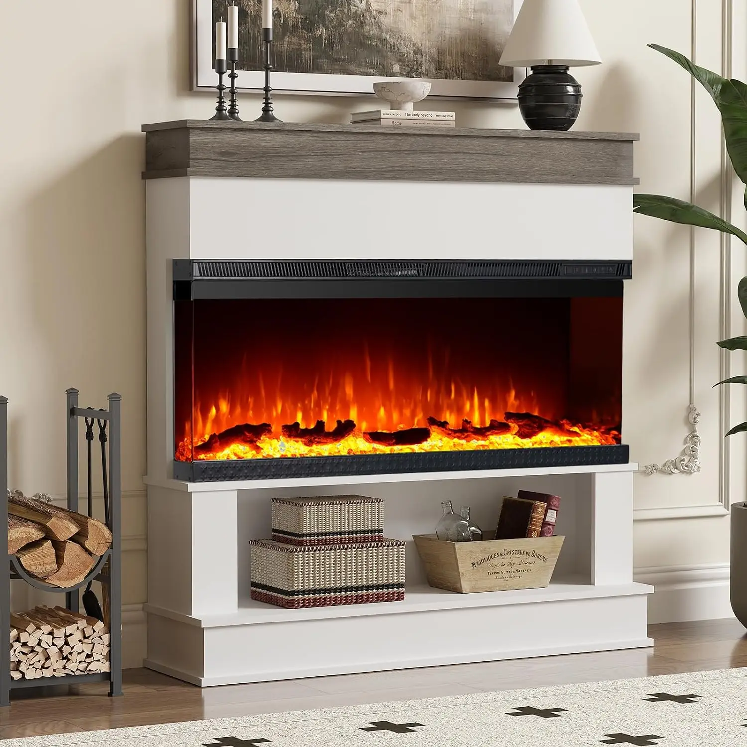 3-Sided Electric Fireplace Insert Freestanding Mantel 12-Color Flame 1500W Heater Remote Log Crystal 40