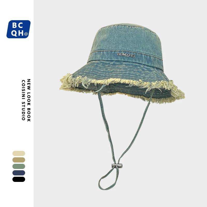 Japanese Rough-edged Denim Drawstring Fisherman Hat Women Spring and Autumn Big-brimmed Sun Hats Washed Casual Retro Basin Cap